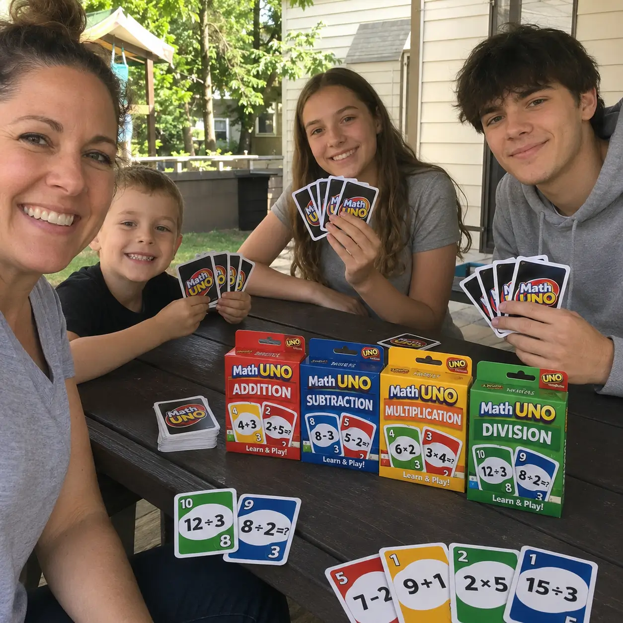 Family playing Math Uno outdoors