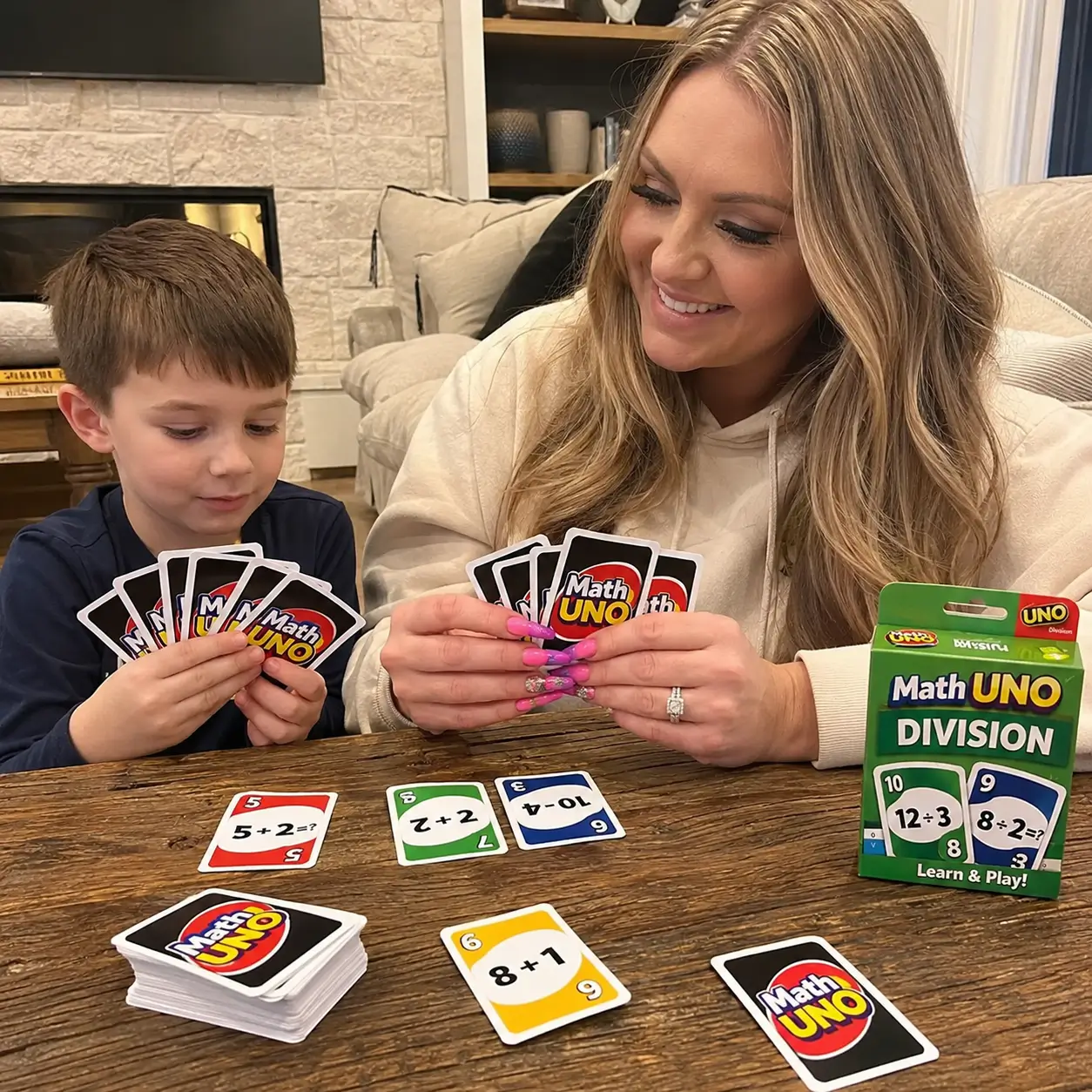 Mother and child playing Math Uno at home