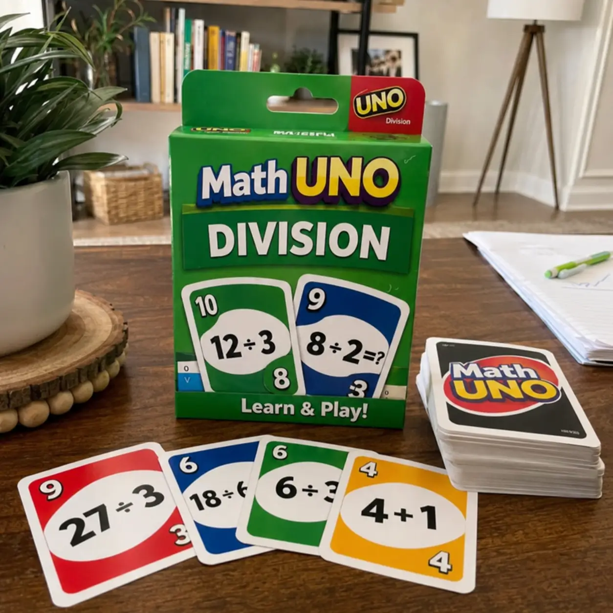 Math Uno Division deck and cards on a desk