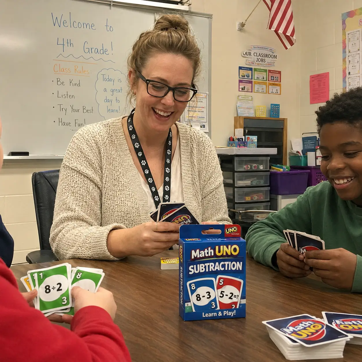 Teacher and student playing Math Uno in a classroom