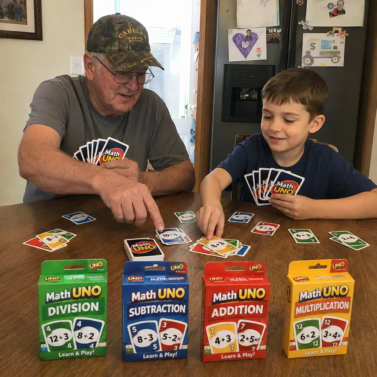 Grandfather and child playing Math Uno together