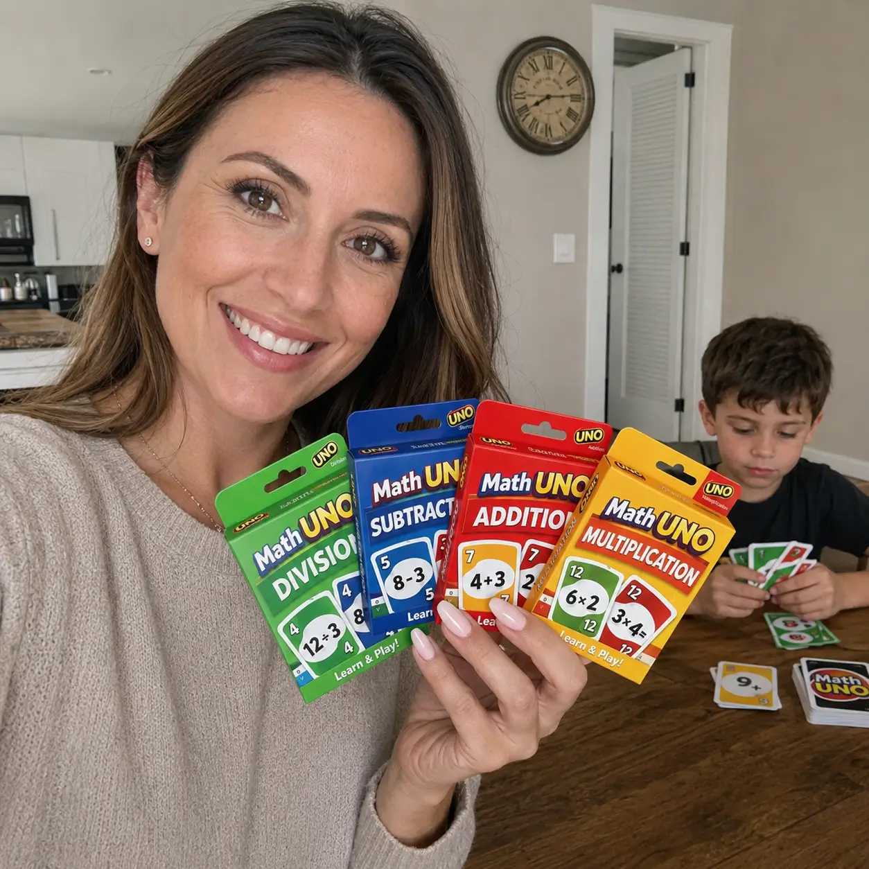 Woman holding all four Math Uno decks