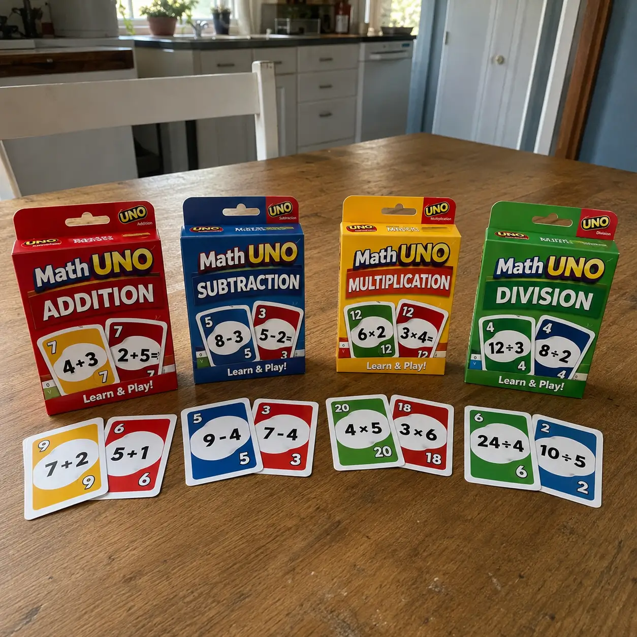 Four Math Uno decks and cards displayed on a table