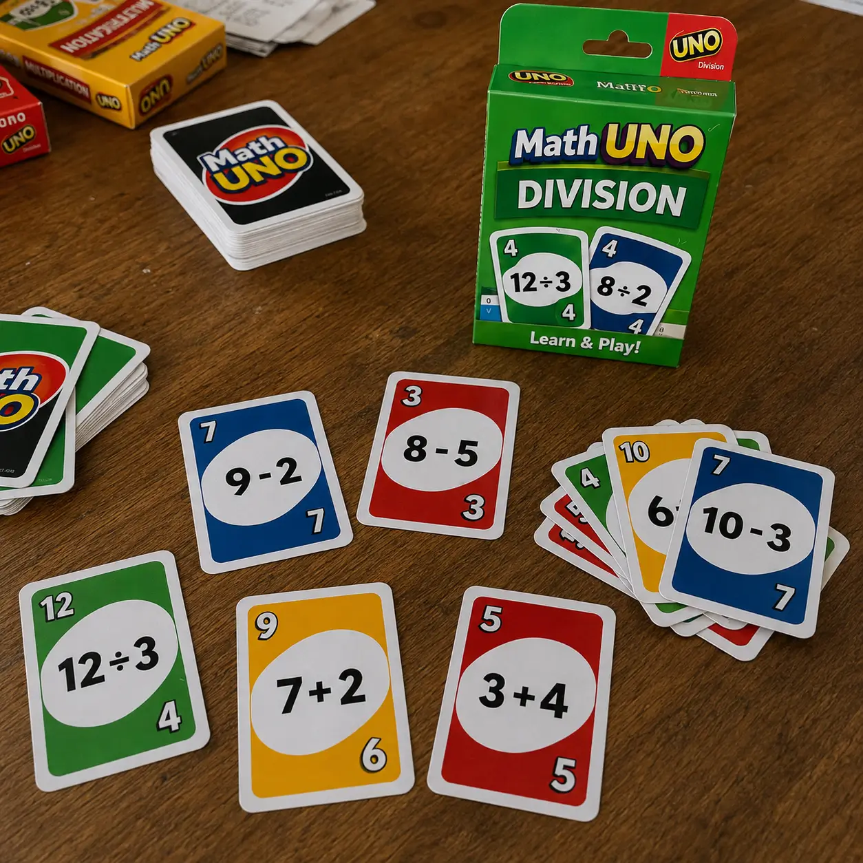 Math Uno cards arranged on a wooden table