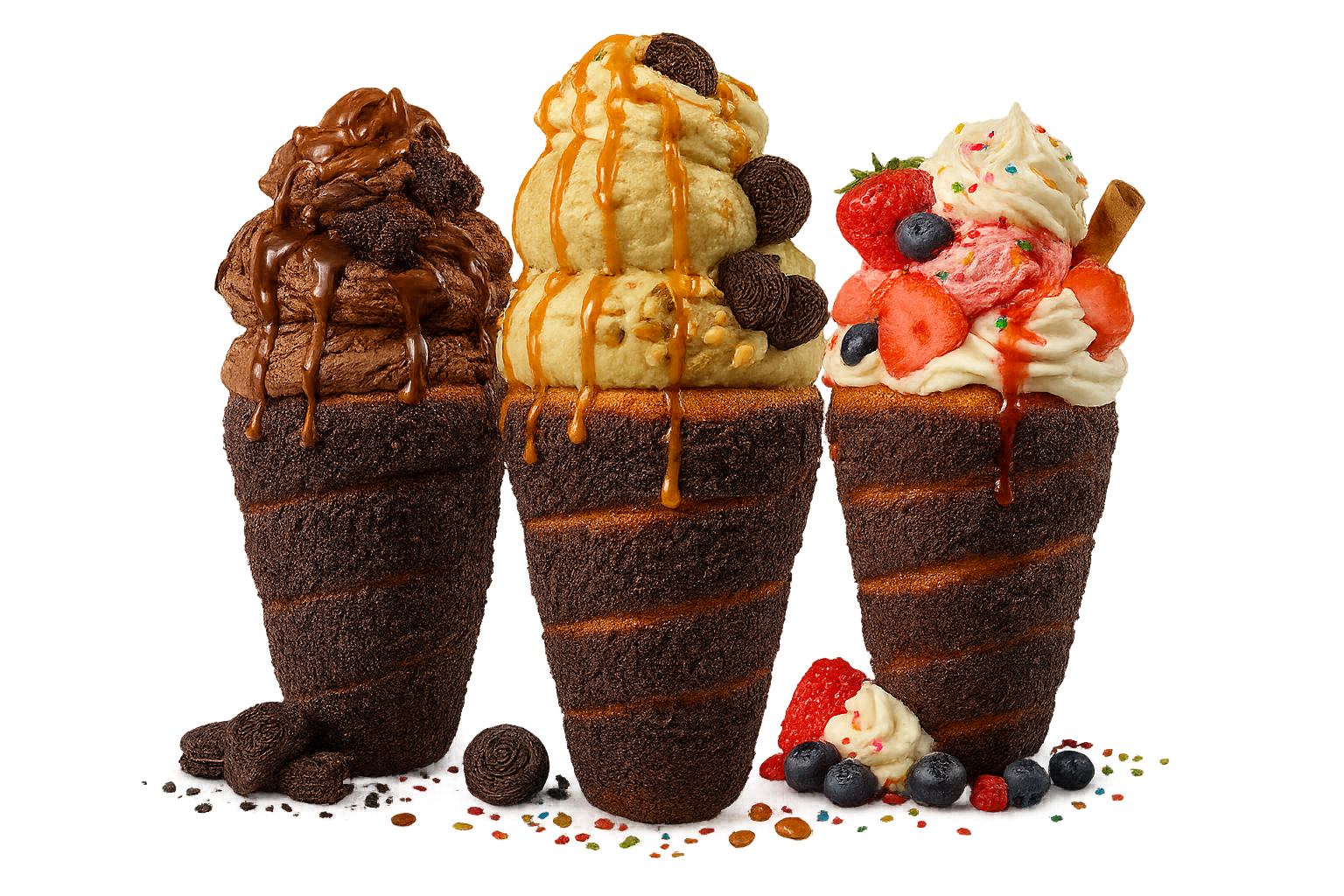 Three delicious kurtos chimney cakes with chocolate, caramel, and berry toppings