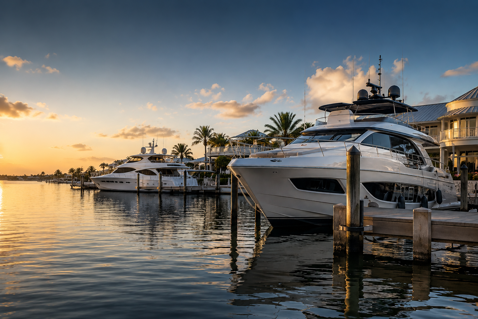 Luxury yacht cruising offshore at sunset