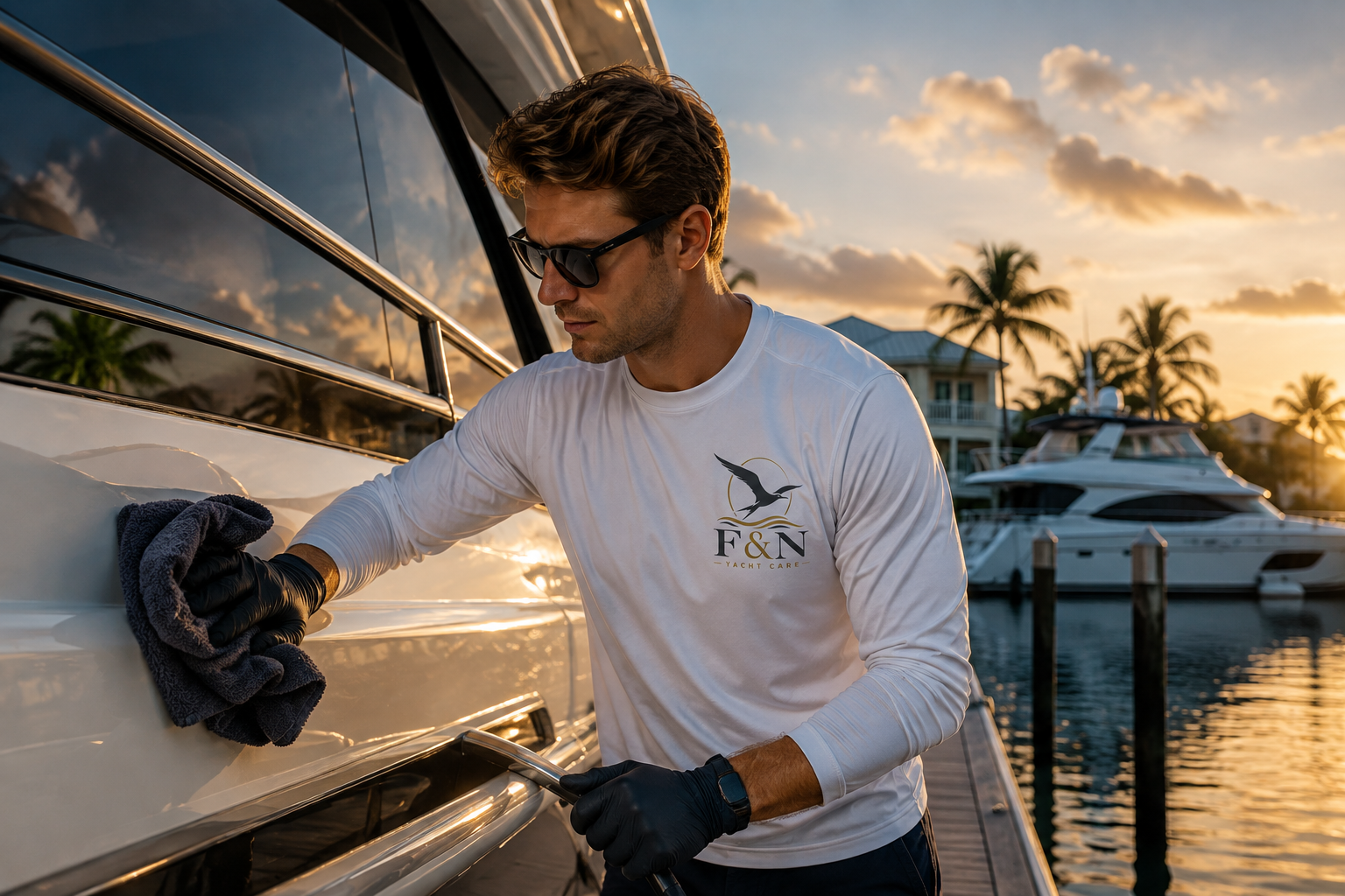 White yacht receiving an exterior detail at sunset