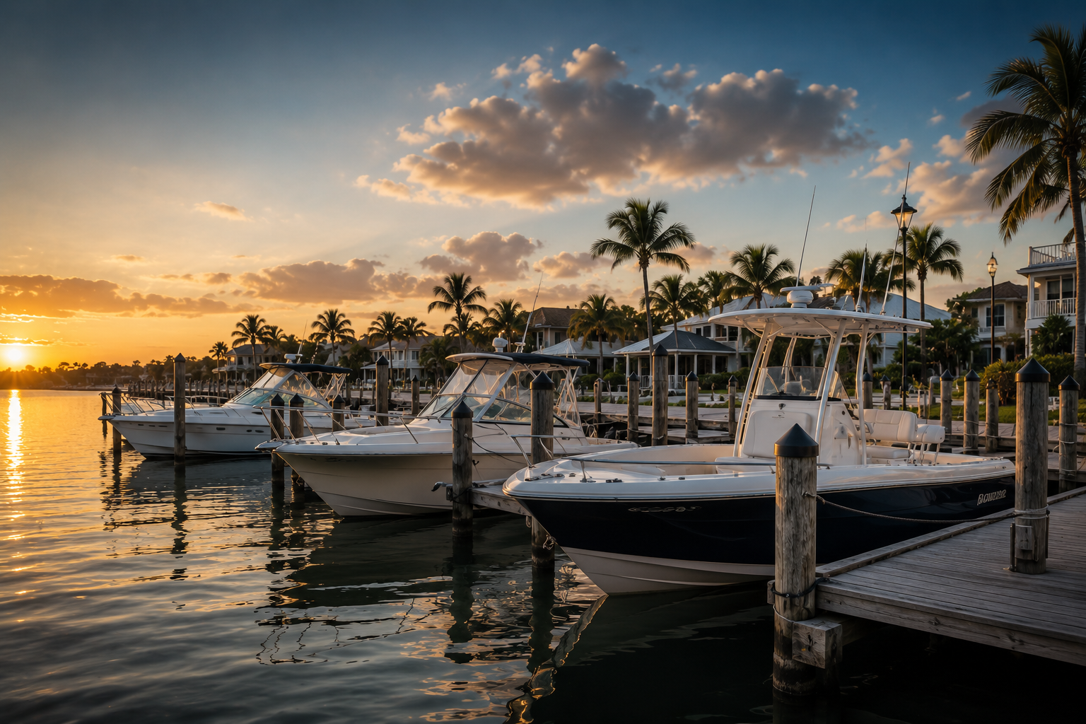 Boats secured and cared for in a marina at sunset