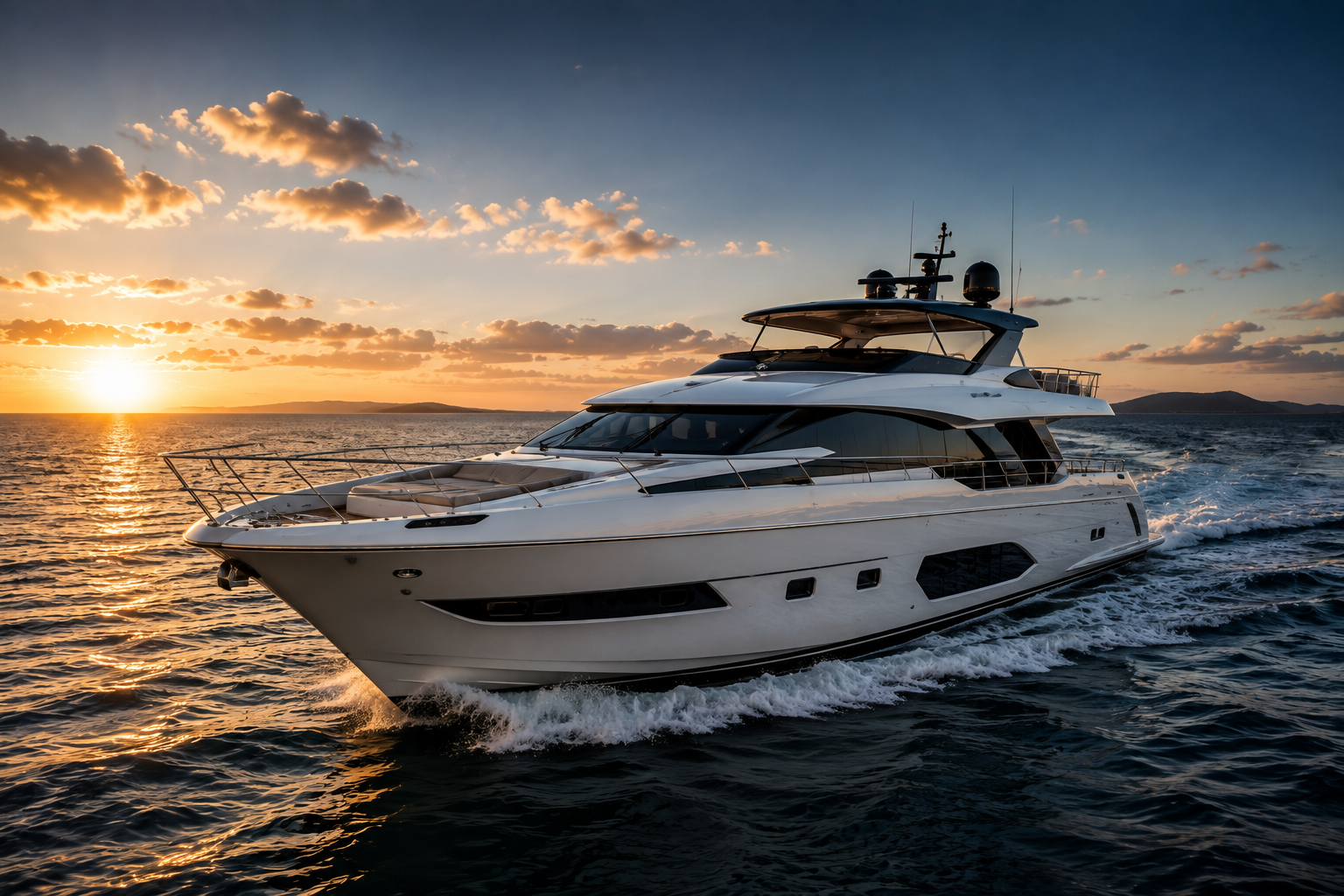 Luxury yacht moving across open water at sunset