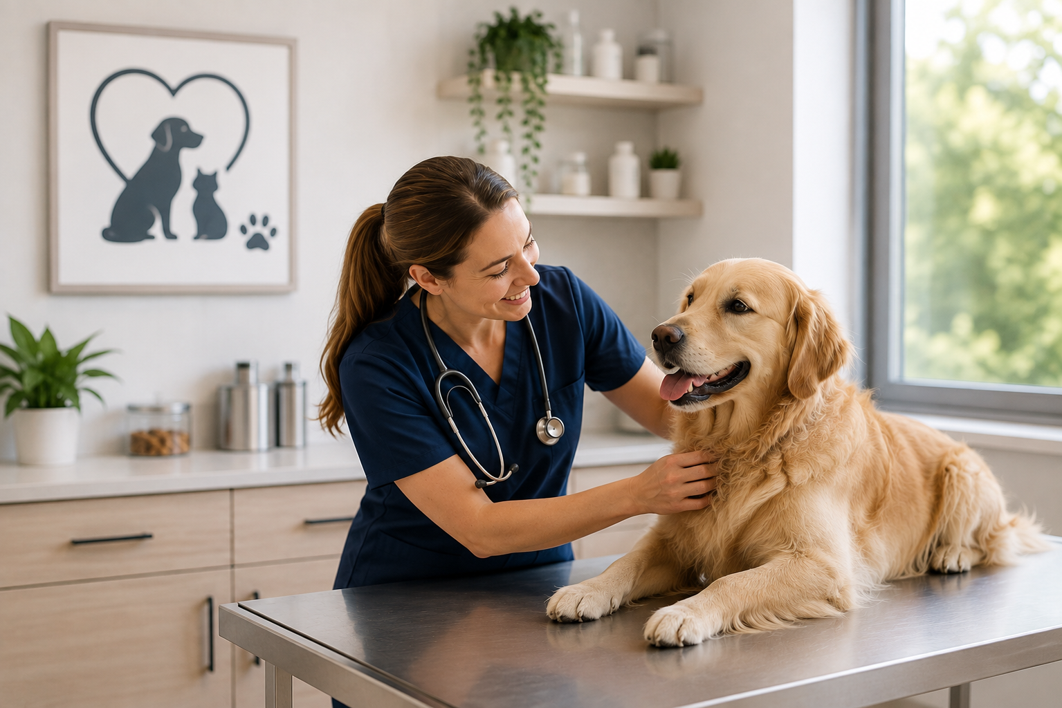 Female veterinarian in navy scrubs examining a golden retriever on an exam table in a bright modern clinic
