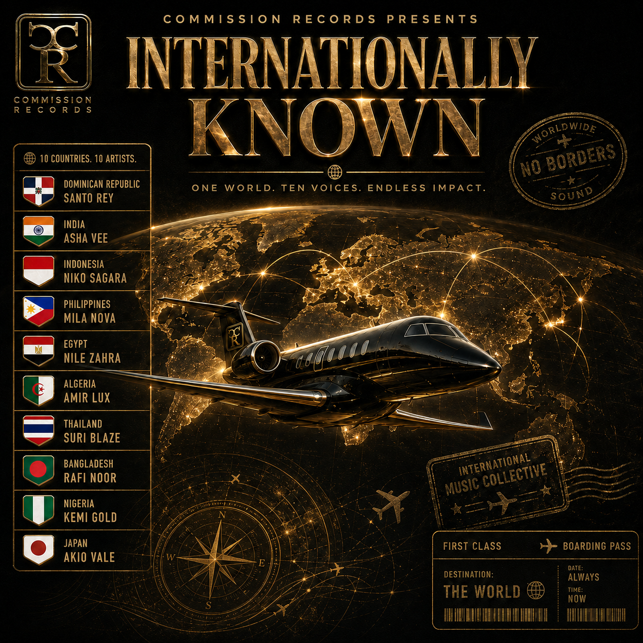 Internationally Known compilation album cover in black and gold from Commission Records, a black-and-gold private jet flying over a glowing gold world map with a roster of 10 countries and artists, a No Borders Worldwide Sound stamp, and a First Class Boarding Pass to The World, tagged One World Ten Voices Endless Impact