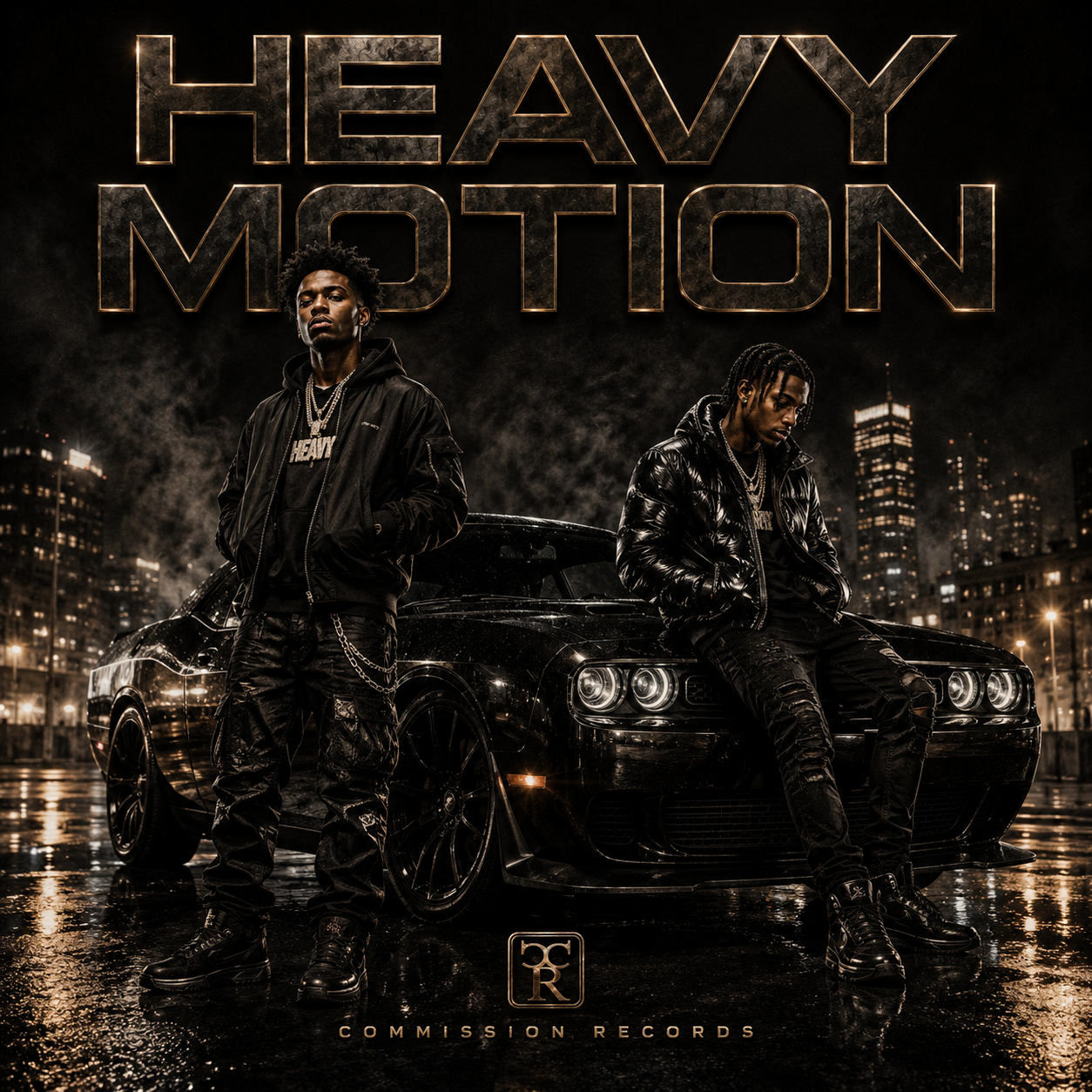 Ride or Die album cover by Heavy Motion on Commission Records in black and gold, two artists in all-black streetwear beside a blacked-out muscle car on a wet rain-slicked street at night with a glowing city skyline, large gold-outlined HEAVY MOTION lettering and the CR Commission Records logo