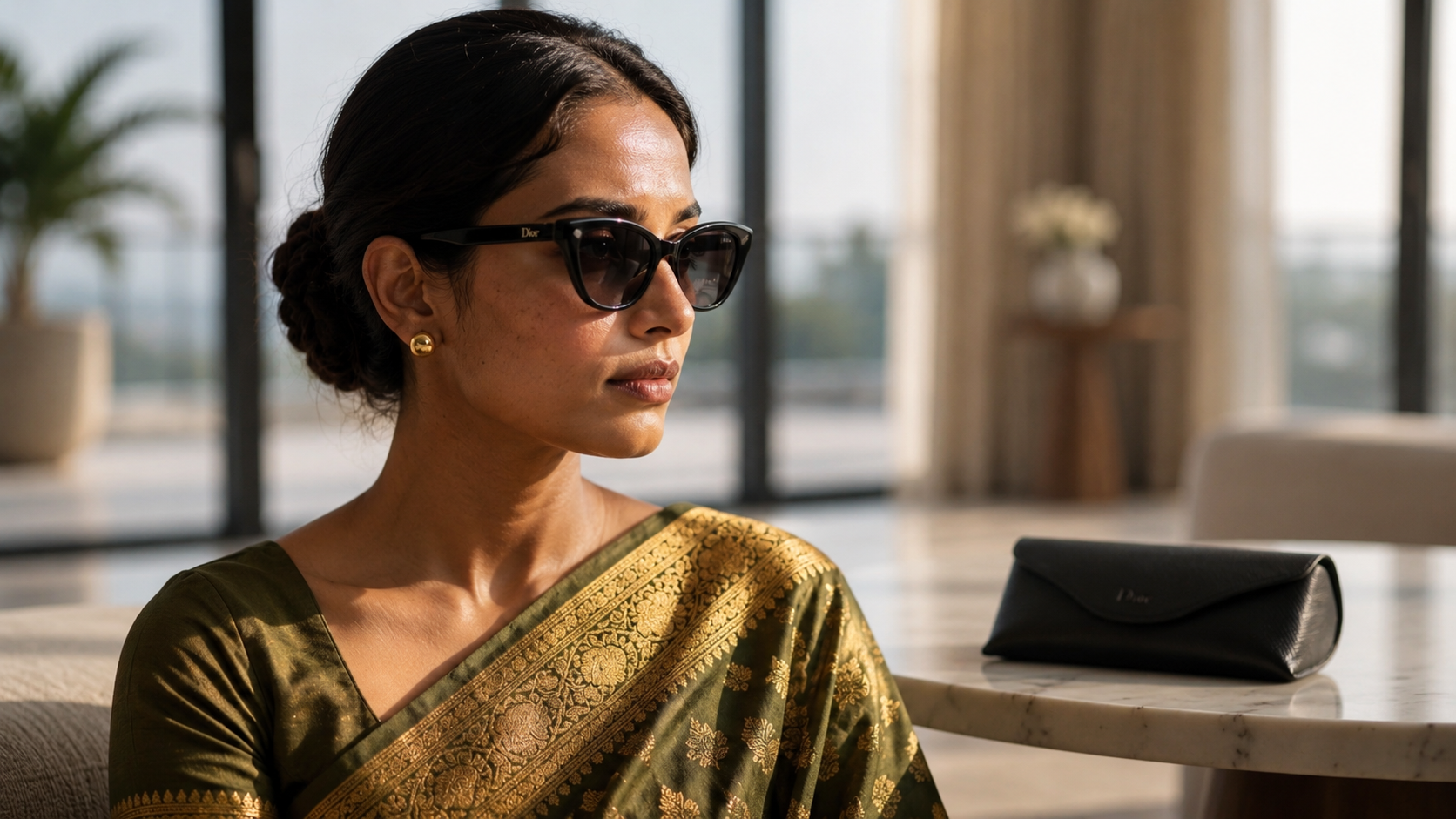 Woman in an olive sari wearing black cat-eye sunglasses indoors