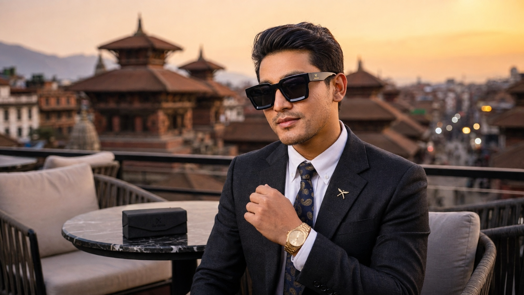 Man in a suit wearing bold black sunglasses in Kathmandu