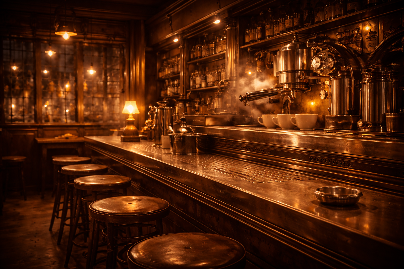 Interno della bottega con bancone in rame e sgabelli vintage