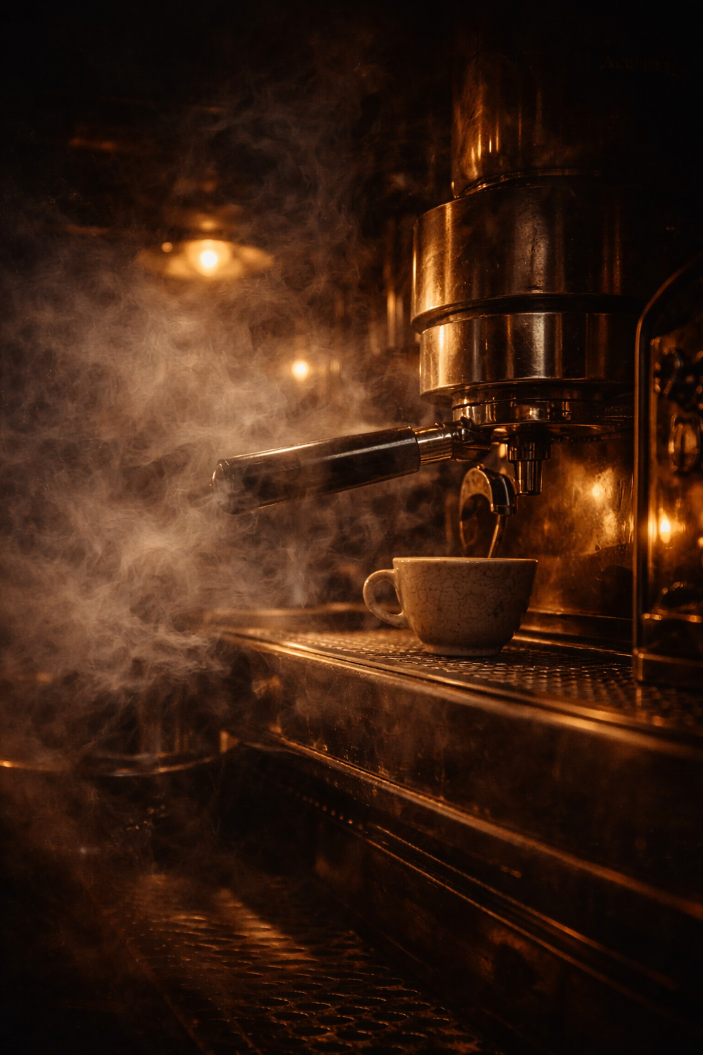 Espresso in preparazione con vapore e luce ambrata