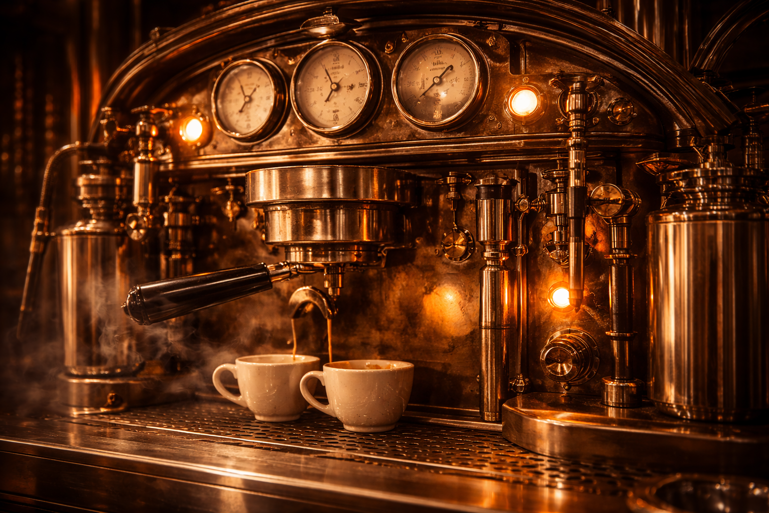 Macchina espresso d'epoca con due tazzine fumanti