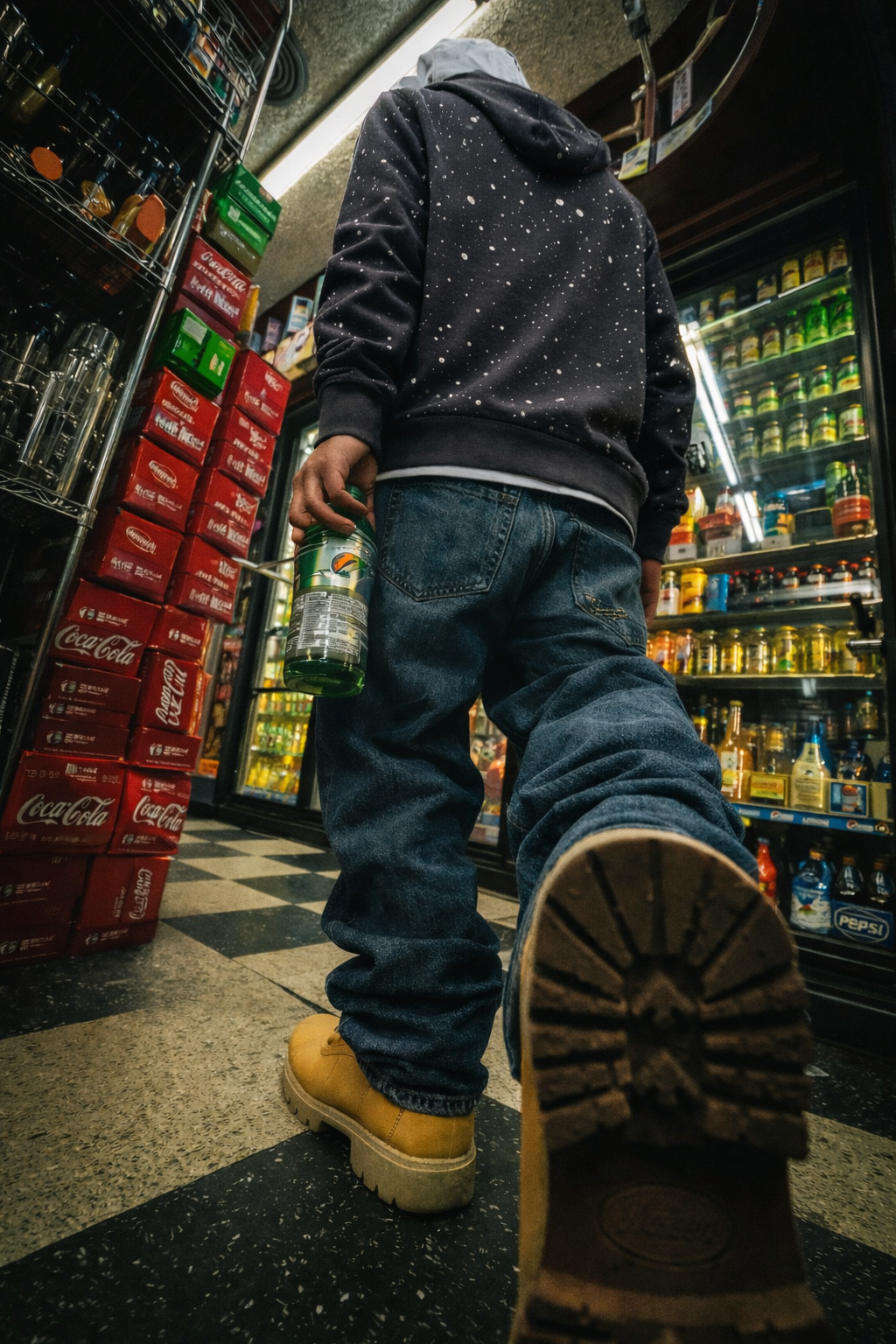 Streetwear apparel scene inside a corner store