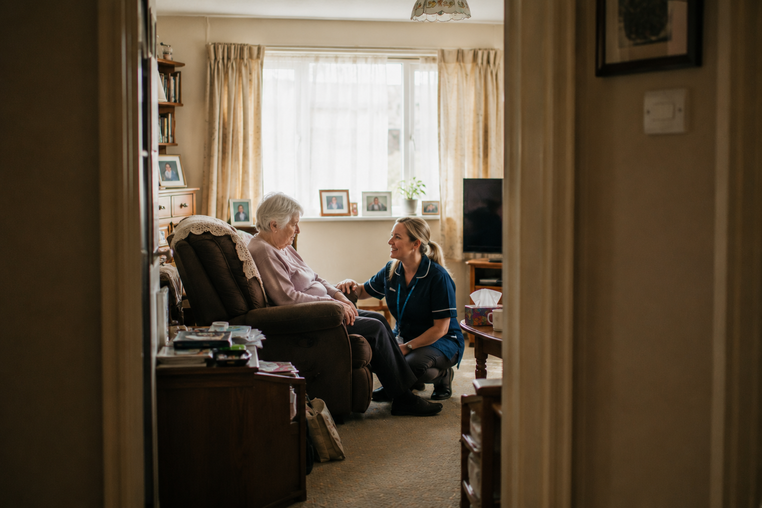 Home care professional supporting an older woman in her living room