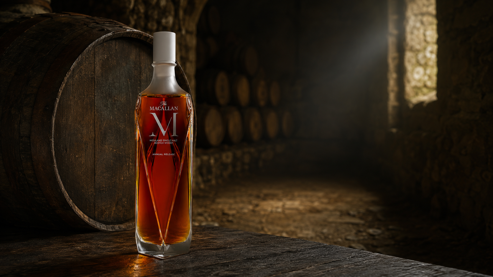 Macallan M decanter resting against a cask in a stone-walled bonded warehouse