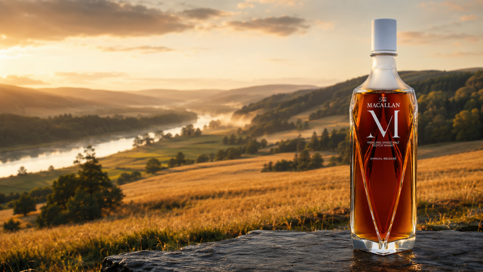 The Macallan M decanter against a golden-hour Scottish Highland river valley