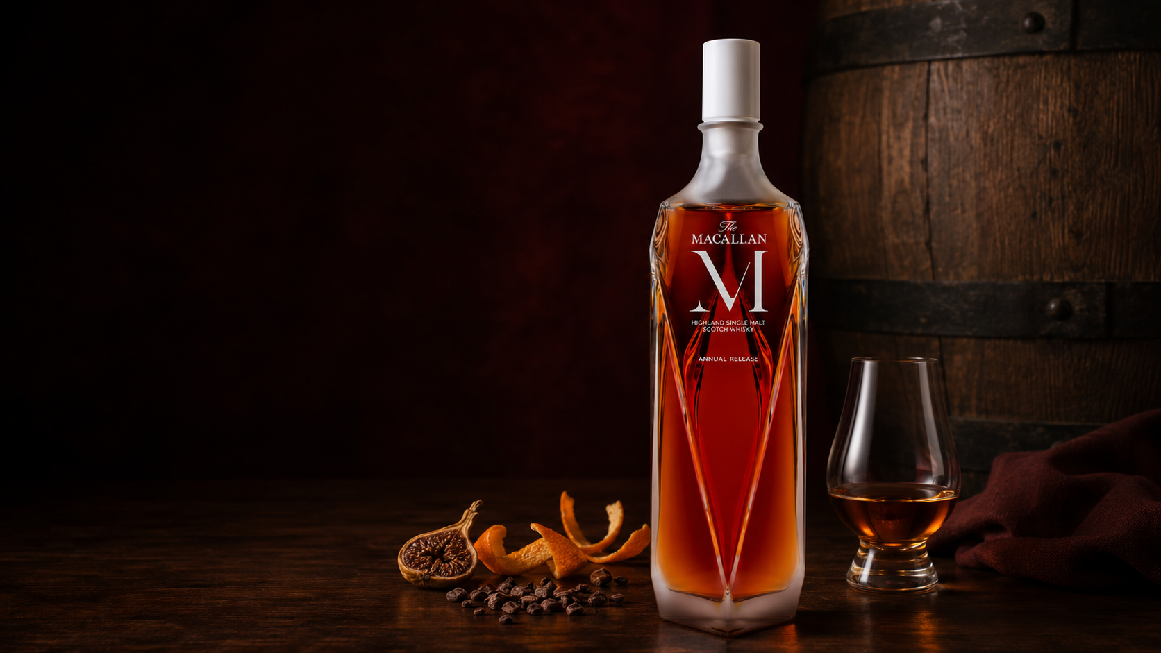 Macallan M decanter with tasting notes — dried figs, orange peel and a Glencairn glass