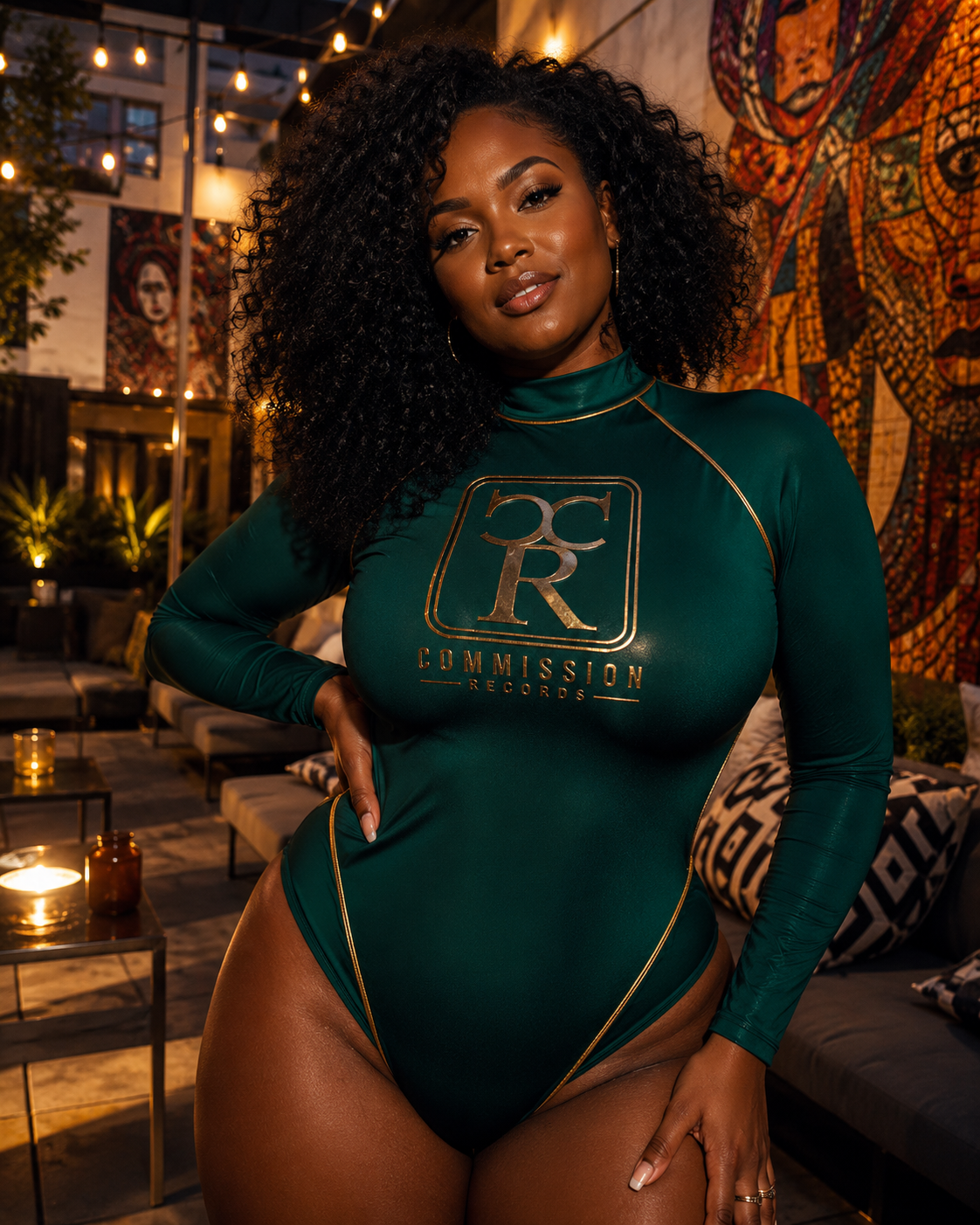 Woman in an emerald green long-sleeve turtleneck Commission Records bodysuit with gold CR logo and gold piping, posing in a lounge with mosaic artwork behind her