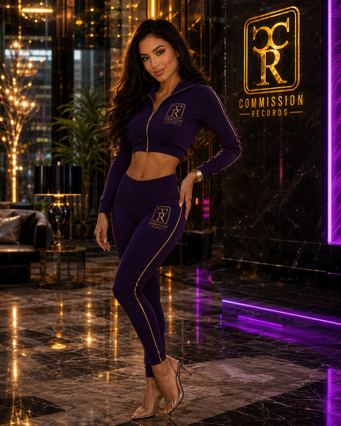 Woman in a purple cropped zip Commission Records hoodie and matching leggings, standing in a marble lobby beside a gold CR logo wall