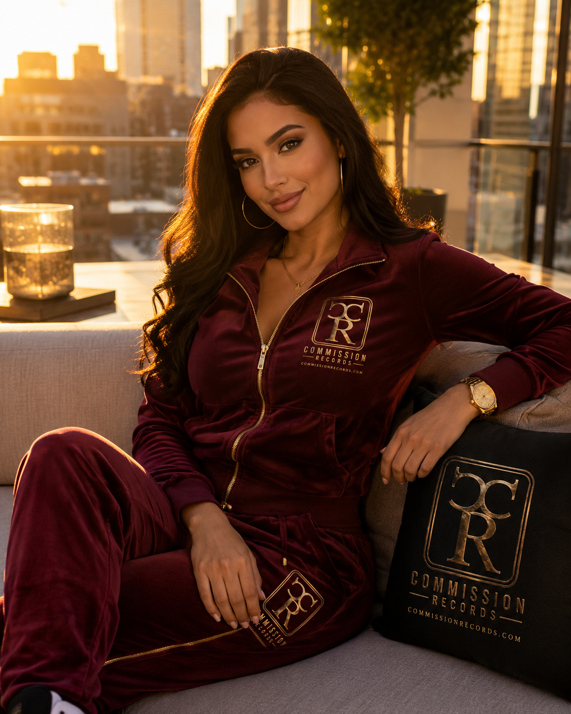 Woman in a burgundy velour Commission Records tracksuit with zip jacket and pants, seated on a rooftop sofa at golden hour beside a black CR logo pillow