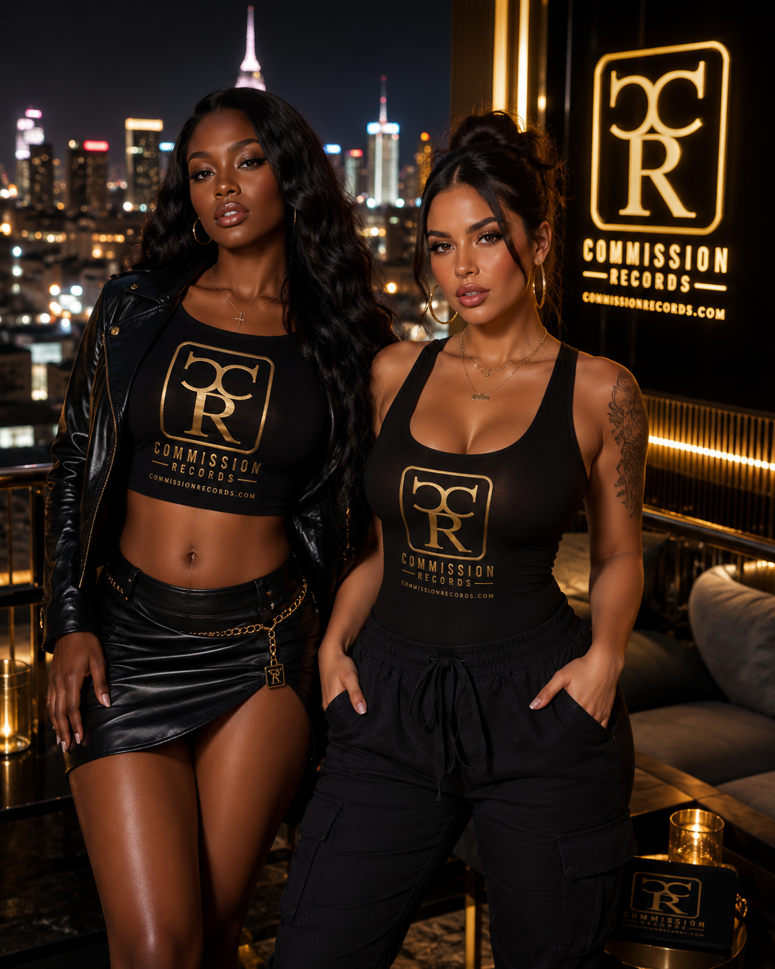 Two women on a rooftop, one in a black Commission Records crop top with leather mini skirt and leather jacket, the other in a black CR tank bodysuit with cargo pants
