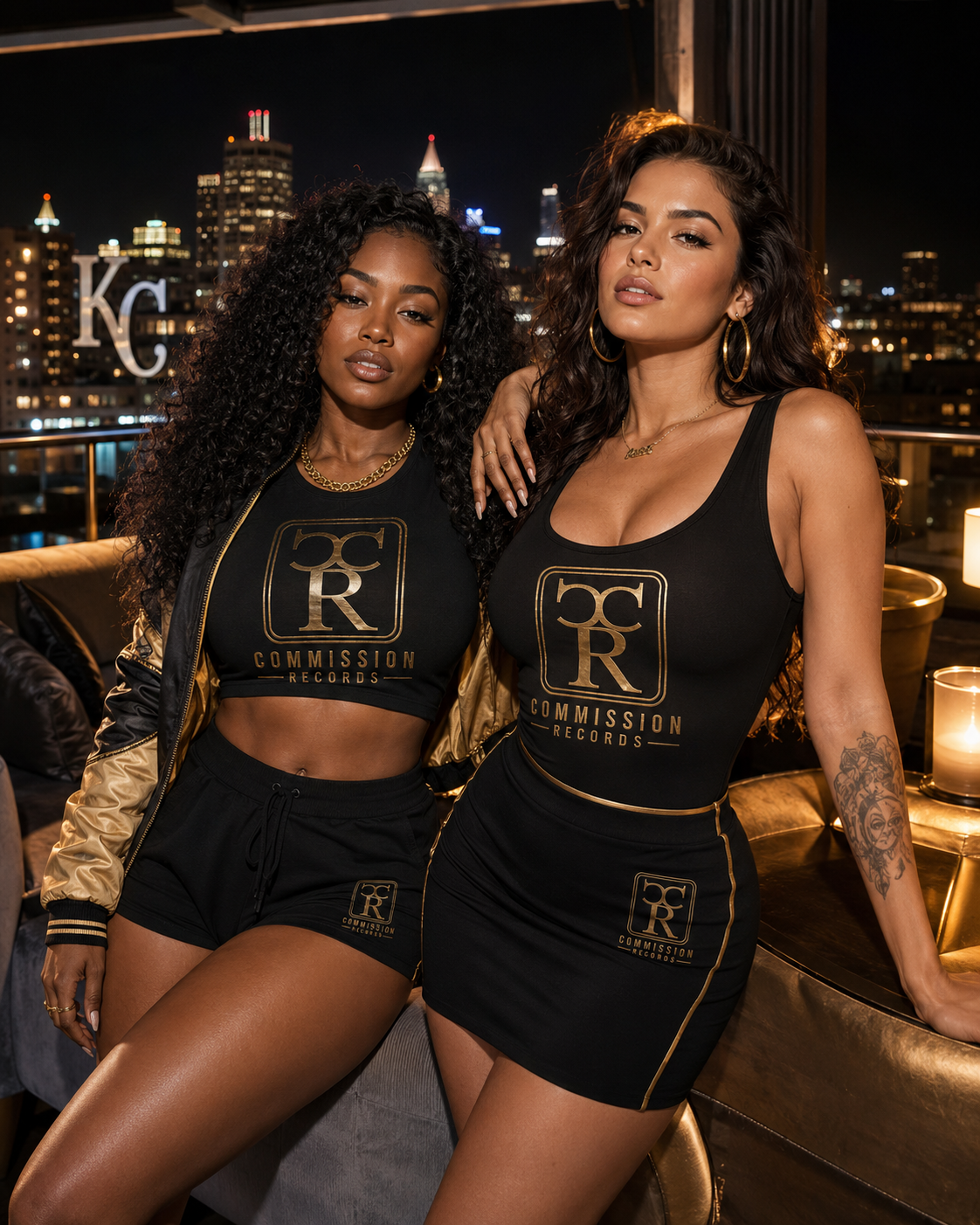 Two women on a rooftop, one in a black Commission Records crop tank with shorts, the other in a black CR tank with a mini skirt