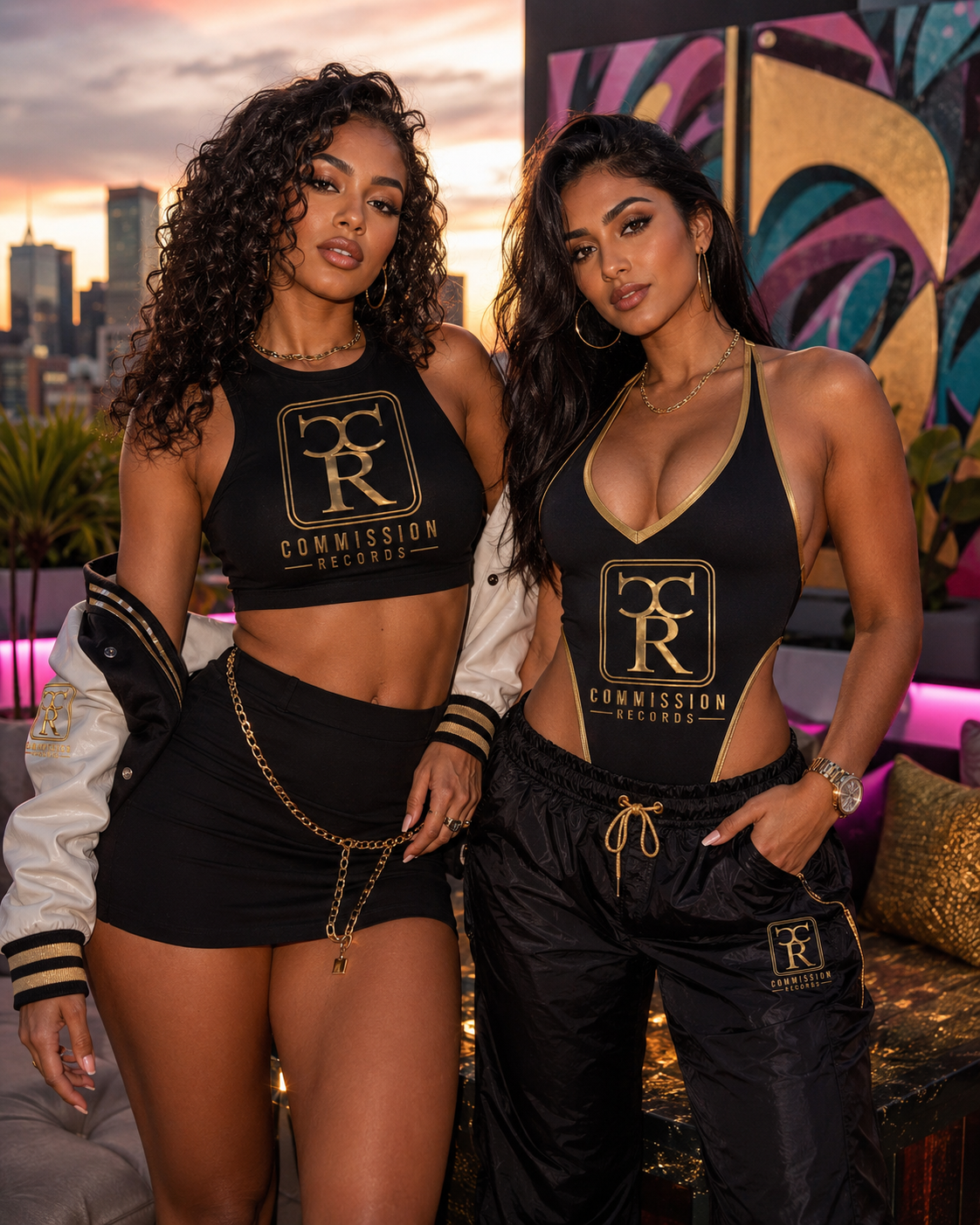 Two women at a rooftop party, one in a black Commission Records crop top with mini skirt and varsity jacket, the other in a black CR one-piece with track pants