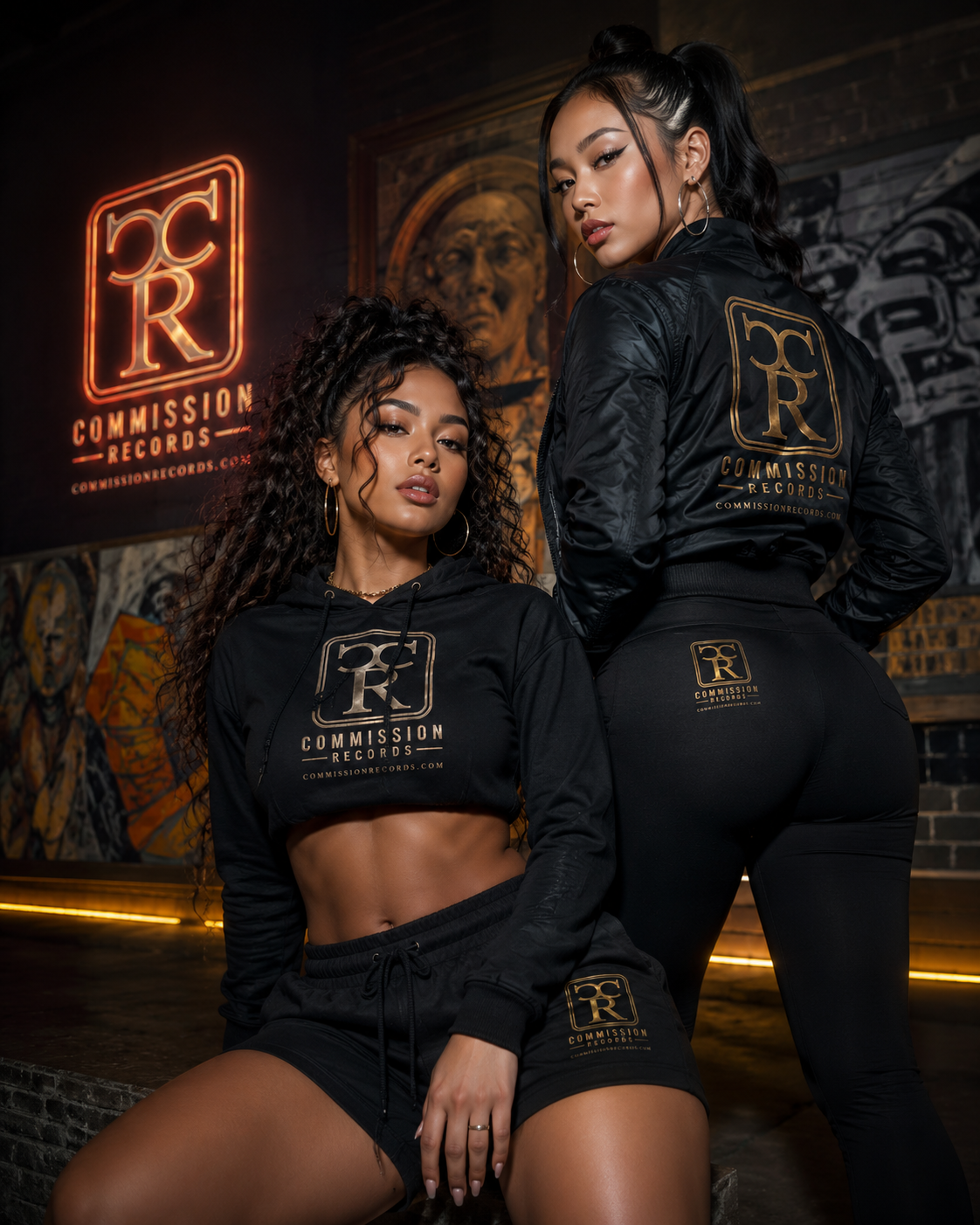 Two women in front of a CR neon sign, one in a black cropped Commission Records hoodie with shorts, the other in a black CR bomber jacket with logo leggings