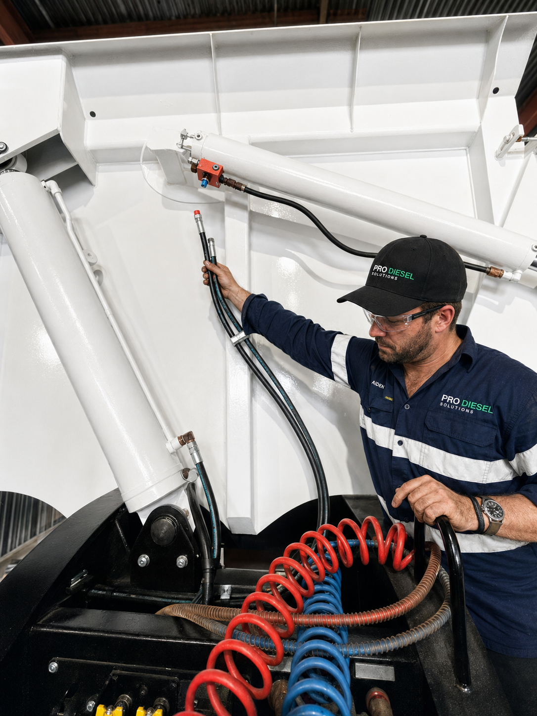 Pro Diesel Solutions technician servicing hydraulic lines on heavy earthmoving equipment