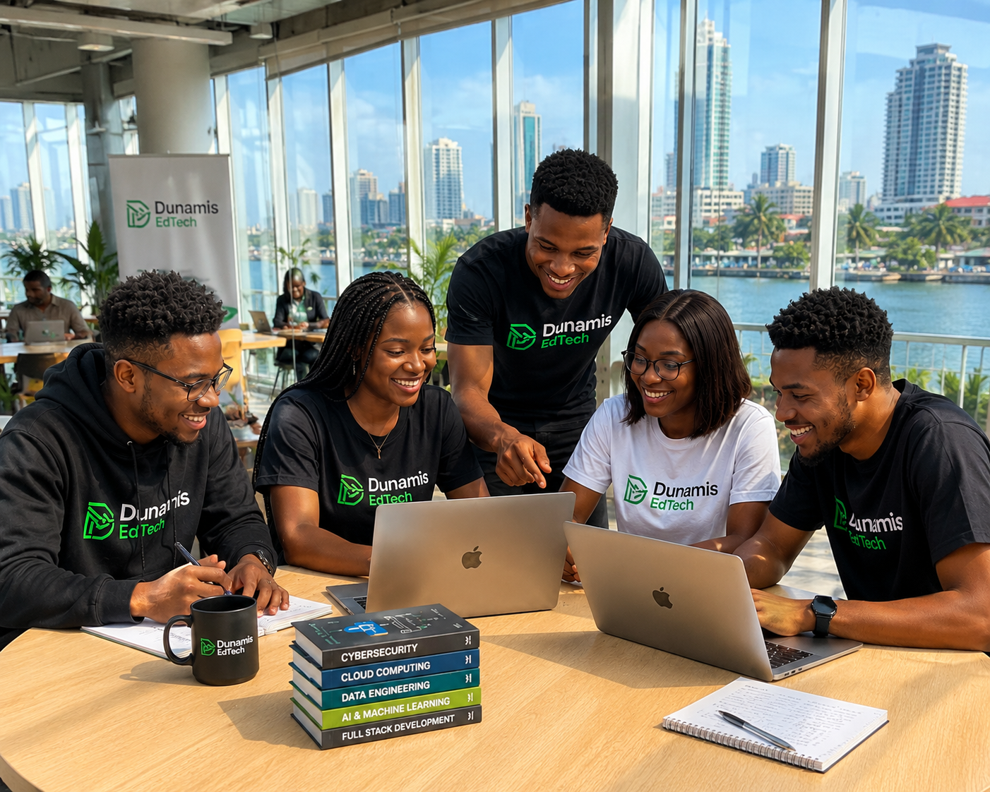 Team collaborating with laptops in glass office with waterfront city skyline