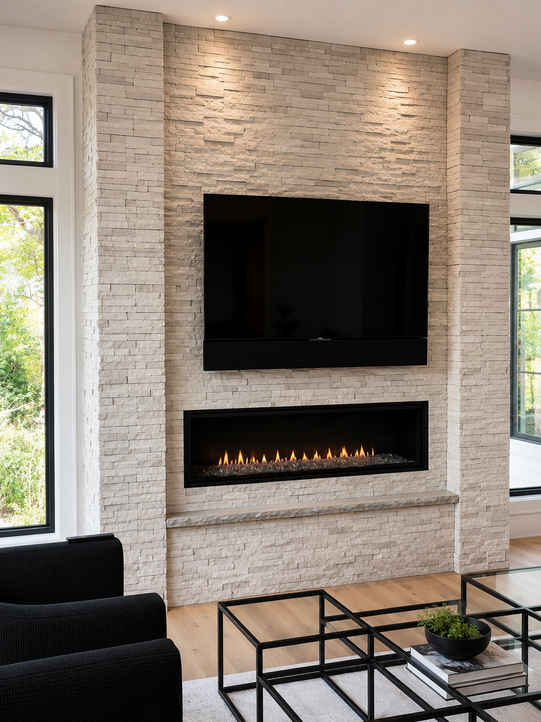 Custom floor-to-ceiling stone fireplace with modern gas insert and recessed TV mount, featuring expertly coursed pale tan masonry.