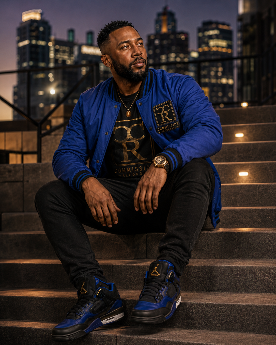 Man seated on city steps at night wearing a royal blue Commission Records varsity bomber jacket over a black-and-gold CR logo tee with black jeans and blue, black, and gold Jordan 4 sneakers