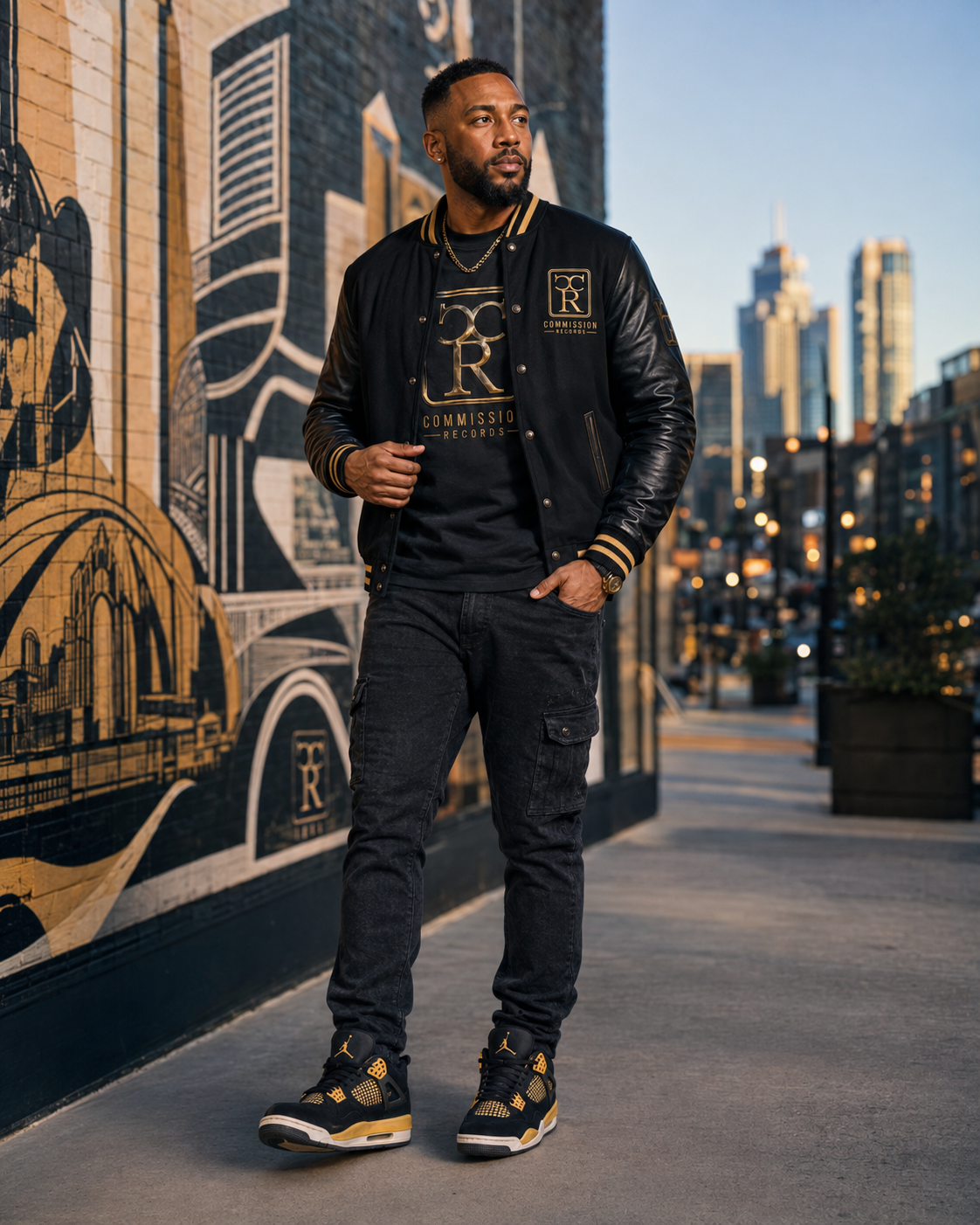 Man beside a black-and-gold Kansas City mural wearing a black-and-gold leather-sleeve Commission Records varsity jacket over a CR logo tee with black cargo jeans and black-and-gold Jordan 4 sneakers
