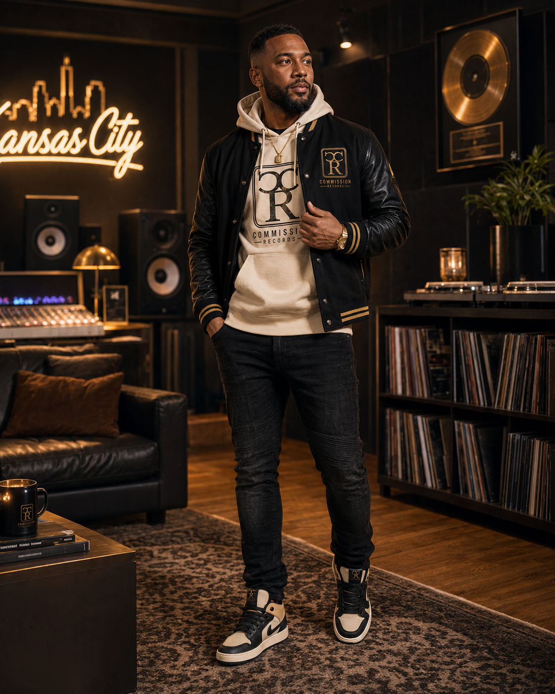 Man in a Kansas City studio wearing a black-and-gold leather-sleeve Commission Records varsity jacket over a cream CR hoodie with black jeans and cream-and-black Jordan 1 sneakers