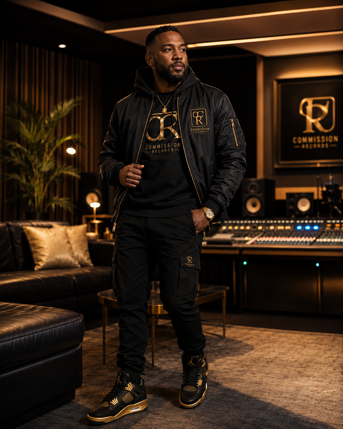 Man standing in a luxury studio lounge wearing a black Commission Records bomber jacket over a black CR hoodie with black CR cargo pants and black-and-gold Jordan 4 sneakers