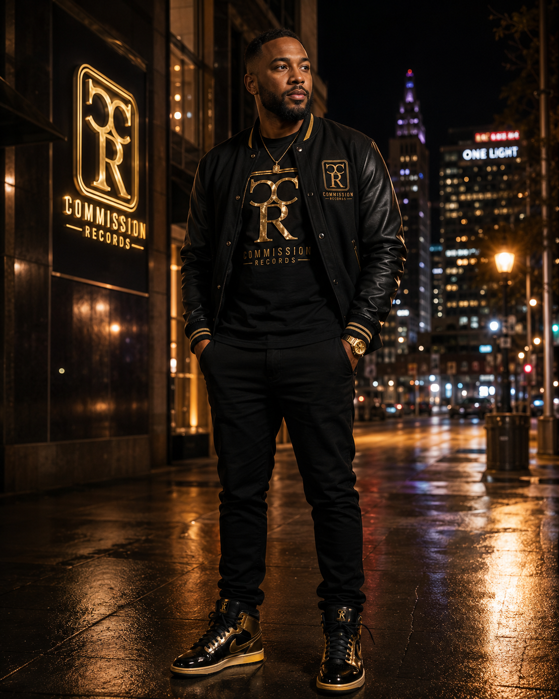 Man on a Kansas City street at night wearing a black-and-gold leather-sleeve Commission Records varsity jacket over a black-and-gold CR logo tee with black joggers and black-and-gold Jordan 1 high-tops