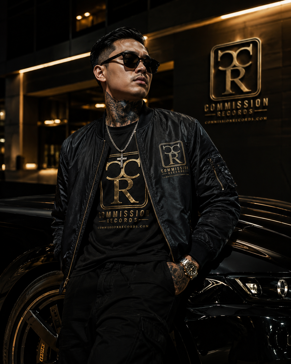 Man in sunglasses leaning on a black car outside the Commission Records building, wearing a black bomber jacket over a black-and-gold CR logo tee
