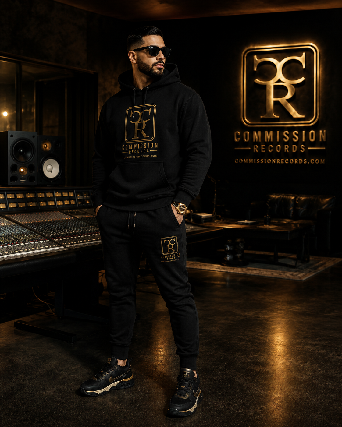 Man in sunglasses wearing a full black-and-gold Commission Records hoodie and jogger tracksuit set with black-and-gold sneakers, standing in a studio beside a large gold CR logo wall