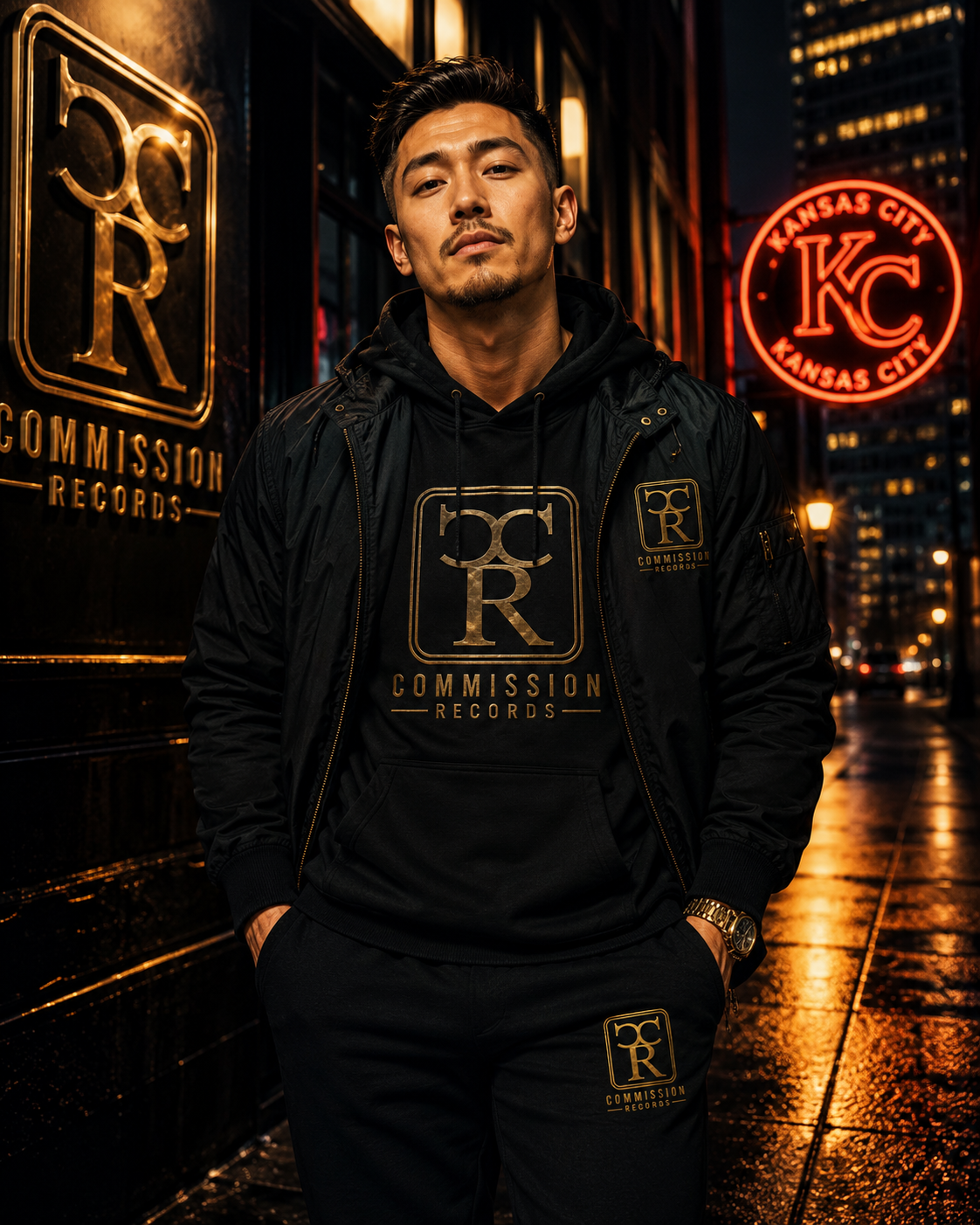 Man on a wet Kansas City street wearing a black bomber over a black-and-gold Commission Records hoodie with matching logo joggers, beside a gold CR logo wall