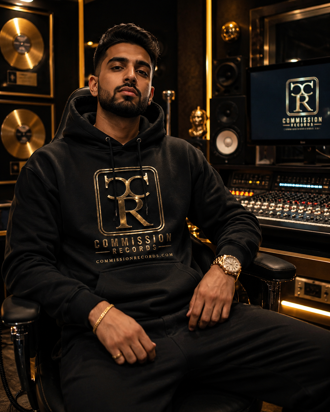 Man wearing a black Commission Records pullover hoodie with the large gold CR logo and commissionrecords.com print, seated in a recording studio beside gold records
