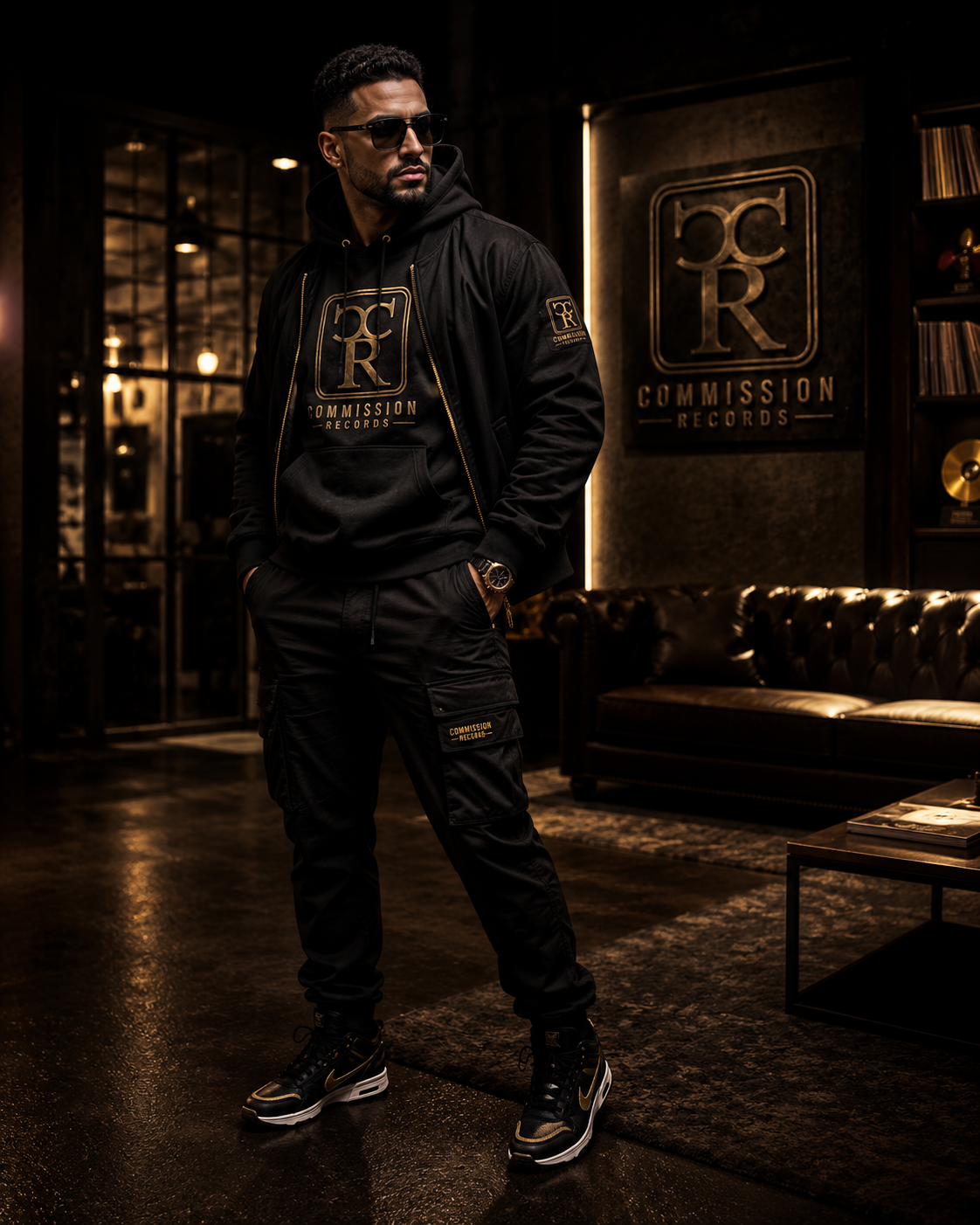 Man in sunglasses wearing a black-and-gold Commission Records hoodie with black CR cargo joggers and black-and-gold sneakers, standing in a dark studio lounge beside a gold CR logo