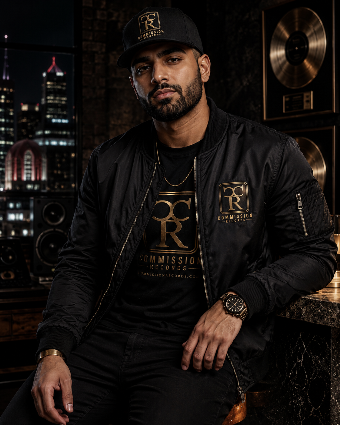 Man seated in a studio with gold records, wearing a black-and-gold Commission Records CR logo snapback cap with a black bomber jacket over a black-and-gold CR tee