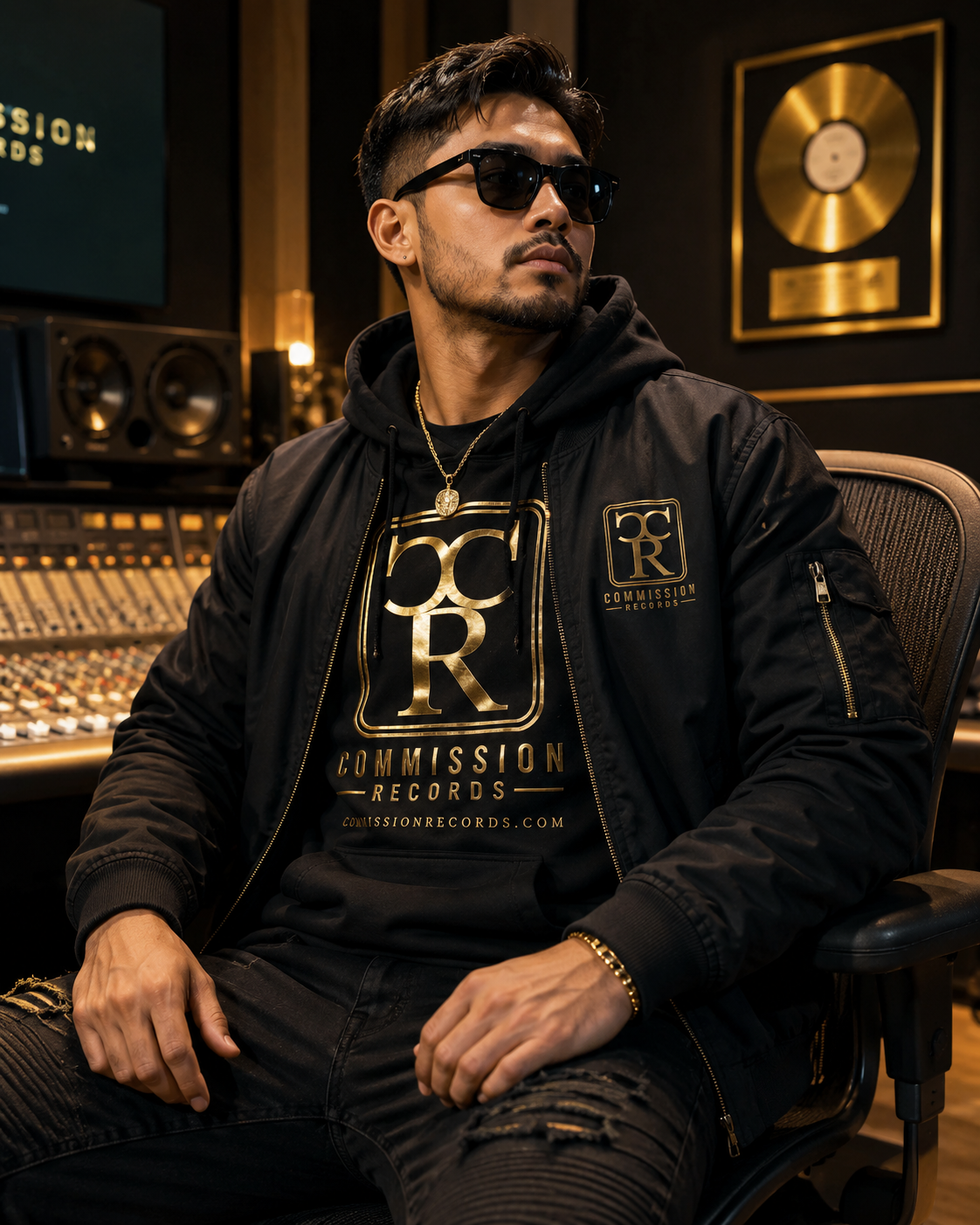 Man in sunglasses wearing a black bomber jacket over a black-and-gold Commission Records hoodie, seated in a recording studio with a gold record on the wall