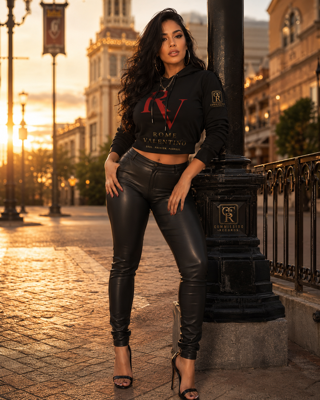 Woman on a Kansas City plaza at golden hour, wearing a black Rome Valentino RV cropped hoodie with red and gold Soul Passion Purpose print, paired with black leather pants and heels beside a gold Commission Records lamppost plaque