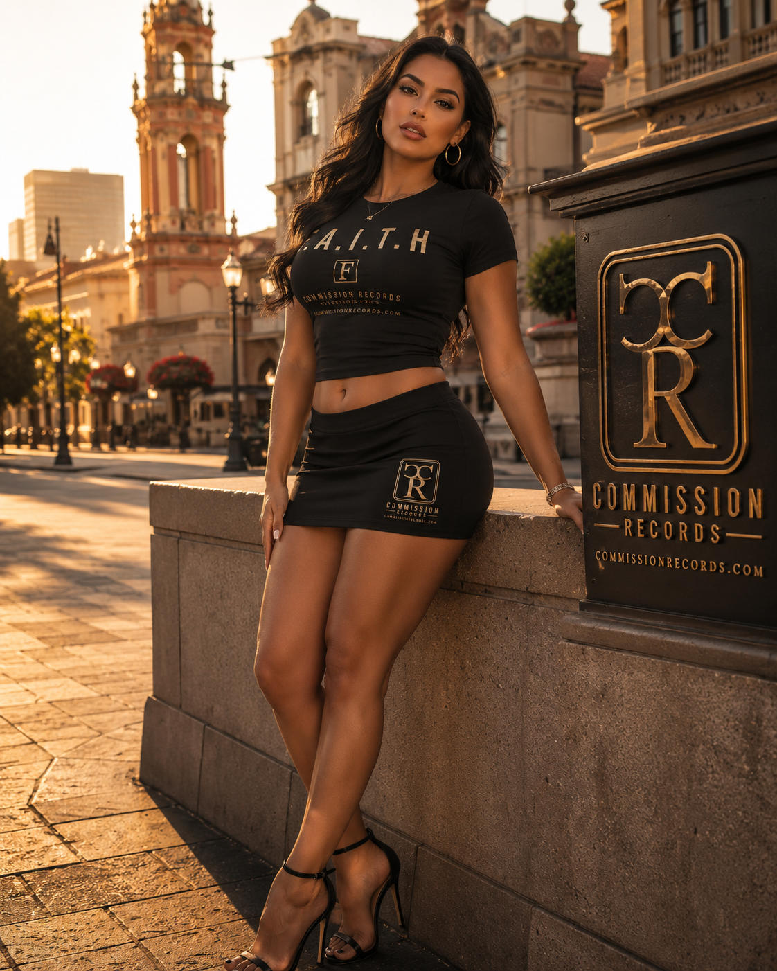 Woman leaning on a gold Commission Records lamppost plaque at golden hour, wearing a black F.A.I.T.H. Commission Records crop tee with a gold boxed-F logo and a matching black CR mini skirt with heels